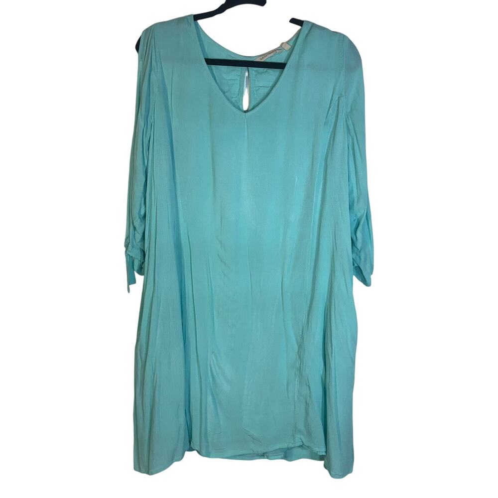 Soft Surroundings Womens 2X Aqua Blue Boho Tunic Dress Tie Sleeve Flowy